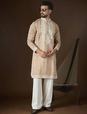 Men’s cream linen striped embroidered kurta with trouser set | trendy designer ethnic wear for wedding, festive & party 3