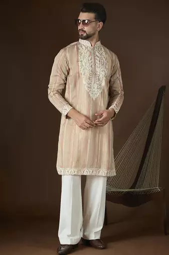Men’s cream linen striped embroidered kurta with trouser set | trendy designer ethnic wear for wedding, festive & party