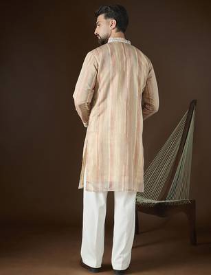 Men’s cream linen striped embroidered kurta with trouser set | trendy designer ethnic wear for wedding, festive & party 4