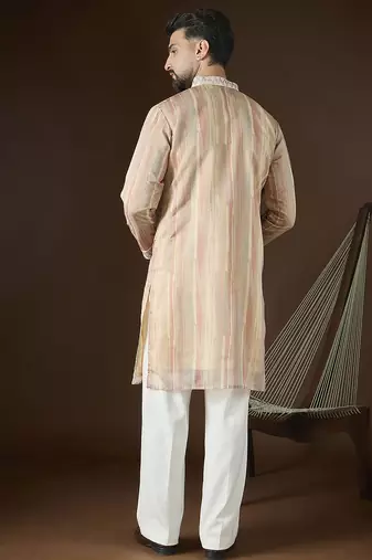 Men’s cream linen striped embroidered kurta with trouser set | trendy designer ethnic wear for wedding, festive & party