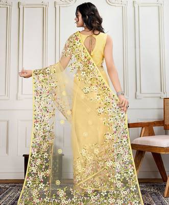 Yellow embroidered work saree with blouse piece 4