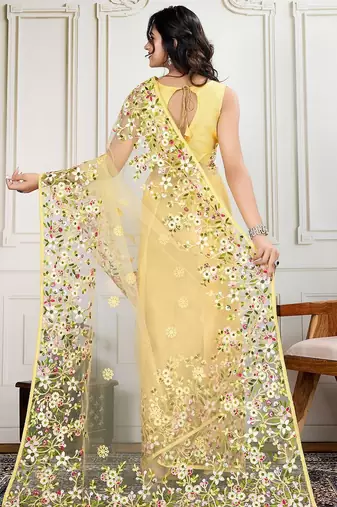 Yellow embroidered work saree with blouse piece