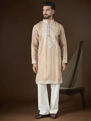 Men’s cream linen striped embroidered kurta with trouser set | trendy designer ethnic wear for wedding, festive & party 5
