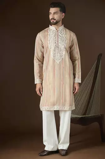 Men’s cream linen striped embroidered kurta with trouser set | trendy designer ethnic wear for wedding, festive & party