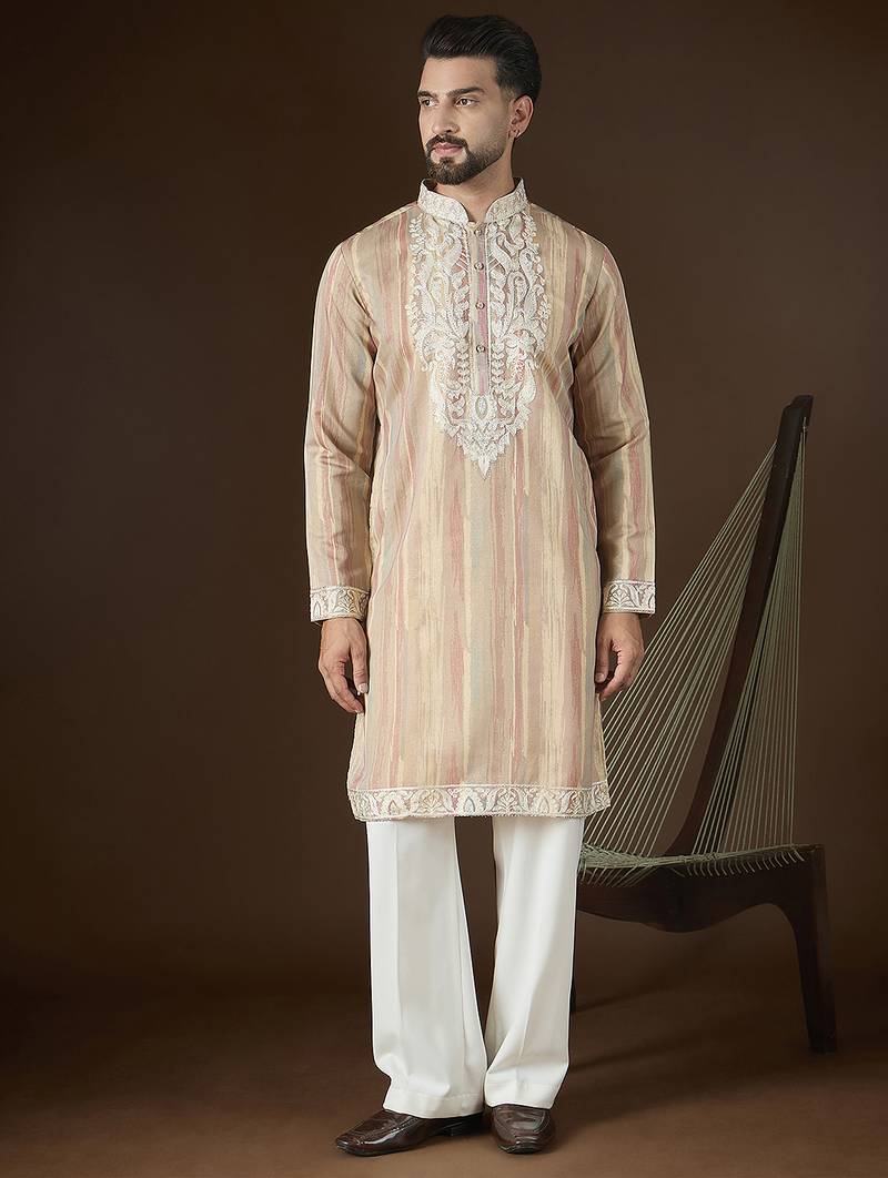 Men’s cream linen striped embroidered kurta with trouser set | trendy designer ethnic wear for wedding, festive & party