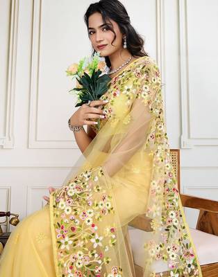Yellow embroidered work saree with blouse piece 5