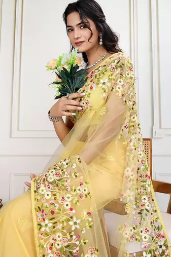Yellow embroidered work saree with blouse piece