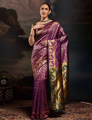 Purple ethnic motifs woven design zari kanjeevaram litchi silk saree & blouse 1