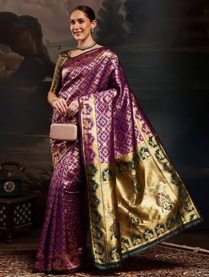 Purple ethnic motifs woven design zari kanjeevaram litchi silk saree & blouse 3