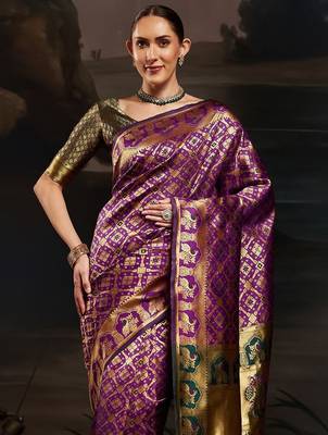 Purple ethnic motifs woven design zari kanjeevaram litchi silk saree & blouse 4