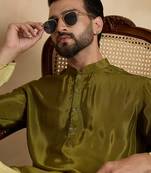Men’s green silk blend solid printed kurta with trouser set | trendy designer ethnic wear for wedding, festive & party