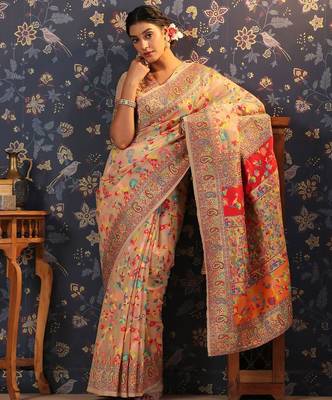 Cream woven design banarasi saree with blouse piece 1