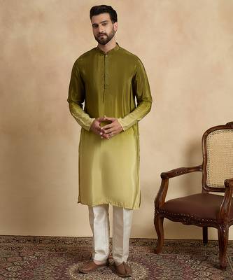 Men’s green silk blend solid printed kurta with trouser set | trendy designer ethnic wear for wedding, festive & party 2