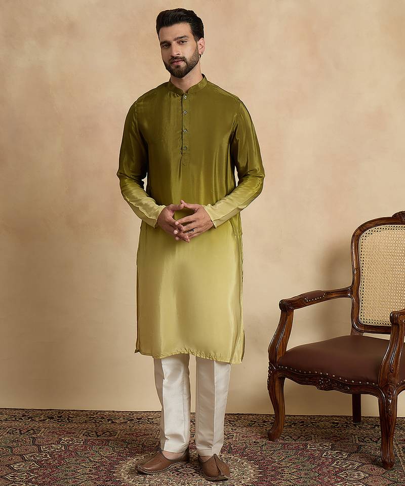 Men’s green silk blend solid printed kurta with trouser set | trendy designer ethnic wear for wedding, festive & party
