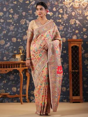Cream woven design banarasi saree with blouse piece 2