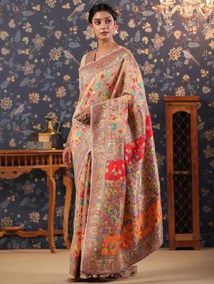 Cream woven design banarasi saree with blouse piece 3