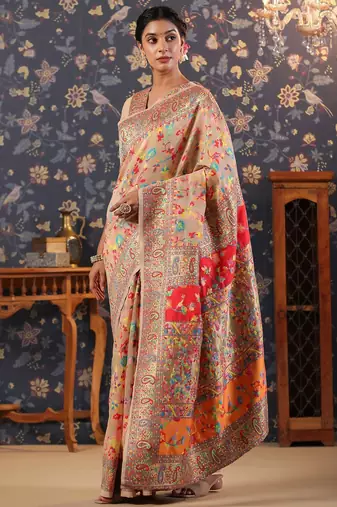 Cream woven design banarasi saree with blouse piece