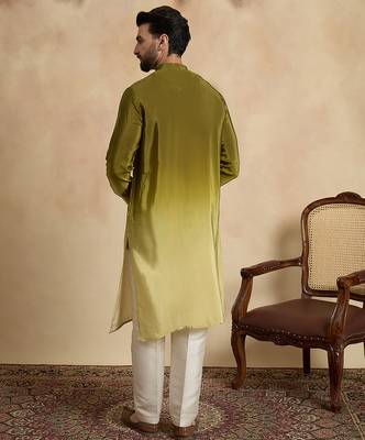 Men’s green silk blend solid printed kurta with trouser set | trendy designer ethnic wear for wedding, festive & party 4