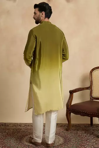 Men’s green silk blend solid printed kurta with trouser set | trendy designer ethnic wear for wedding, festive & party