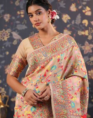 Cream woven design banarasi saree with blouse piece 5