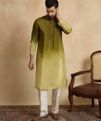 Men’s green silk blend solid printed kurta with trouser set | trendy designer ethnic wear for wedding, festive & party 5