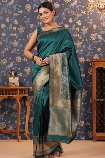Green ethnic motifs woven-design banarasi saree with blouse