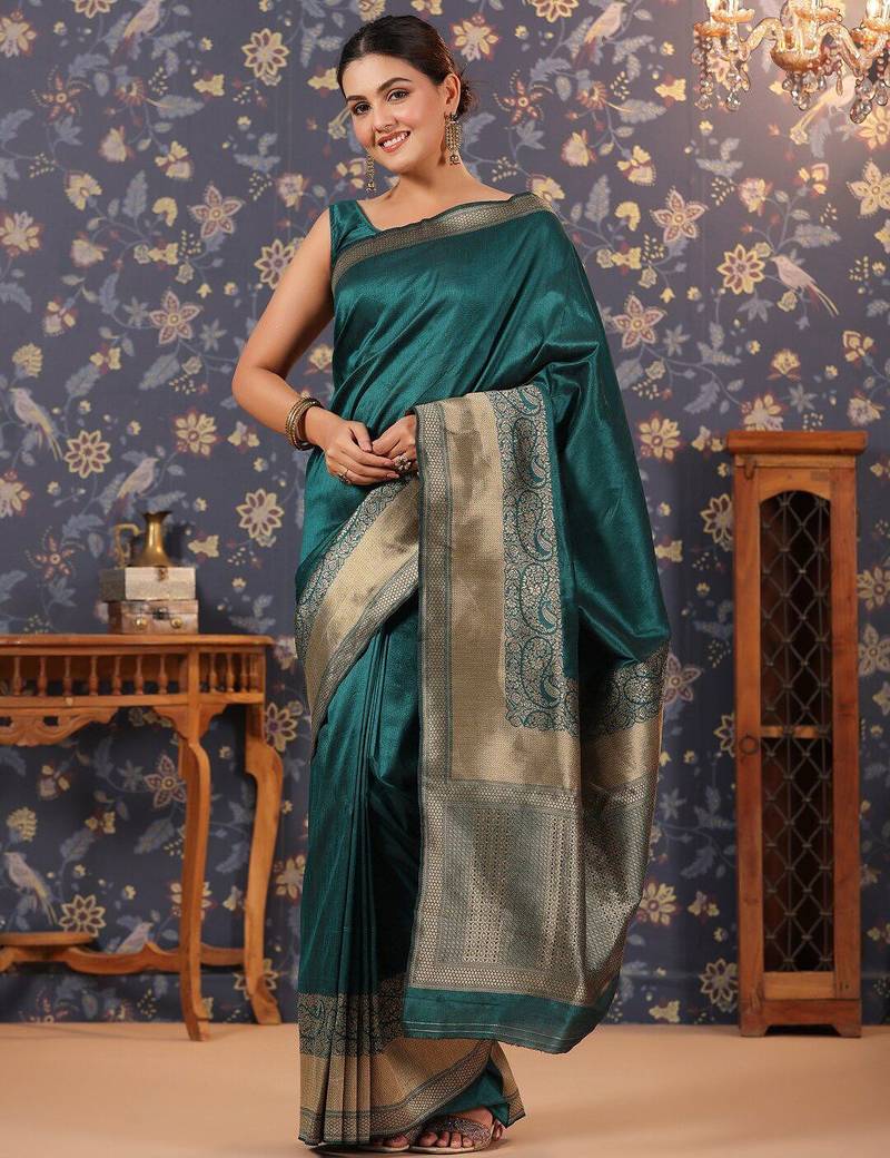 Green ethnic motifs woven-design banarasi saree with blouse
