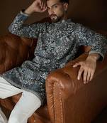 Men’s blue silk blend abstract embroidered kurta with trouser set | trendy designer ethnic wear for wedding, festive
