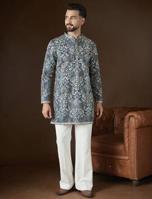 Men’s blue silk blend abstract embroidered kurta with trouser set | trendy designer ethnic wear for wedding, festive 2