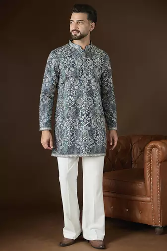 Men’s blue silk blend abstract embroidered kurta with trouser set | trendy designer ethnic wear for wedding, festive
