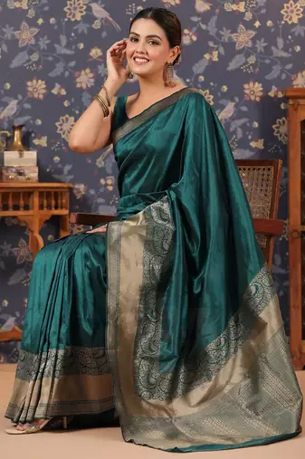 Green ethnic motifs woven-design banarasi saree with blouse