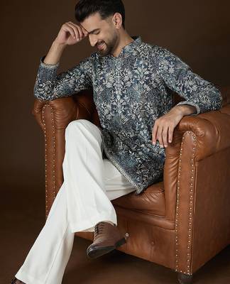 Men’s blue silk blend abstract embroidered kurta with trouser set | trendy designer ethnic wear for wedding, festive 3