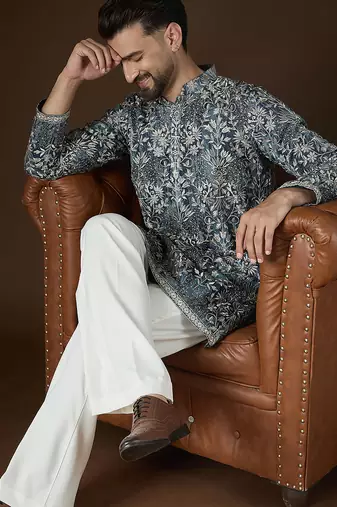 Men’s blue silk blend abstract embroidered kurta with trouser set | trendy designer ethnic wear for wedding, festive