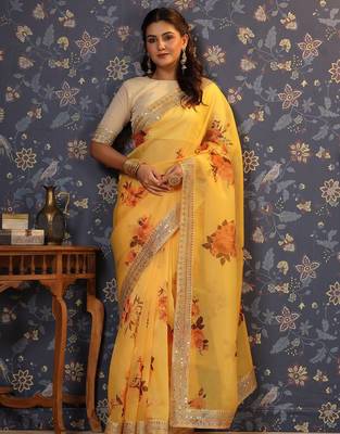 Yellow floral printed sequinned organza saree 1