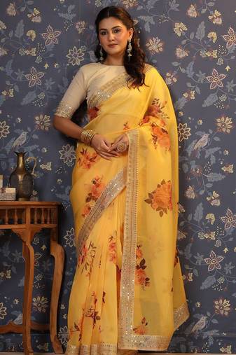 Yellow floral printed sequinned organza saree