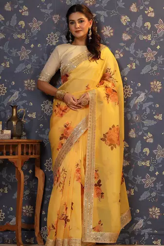 Yellow floral printed sequinned organza saree