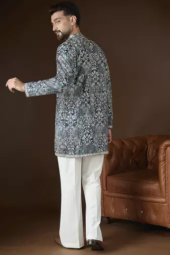 Men’s blue silk blend abstract embroidered kurta with trouser set | trendy designer ethnic wear for wedding, festive