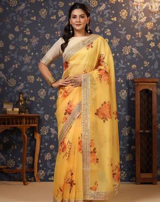 Yellow floral printed sequinned organza saree 2