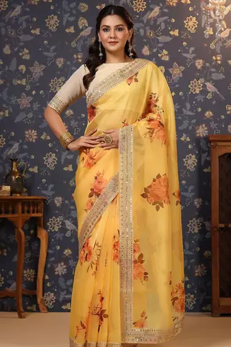 Yellow floral printed sequinned organza saree