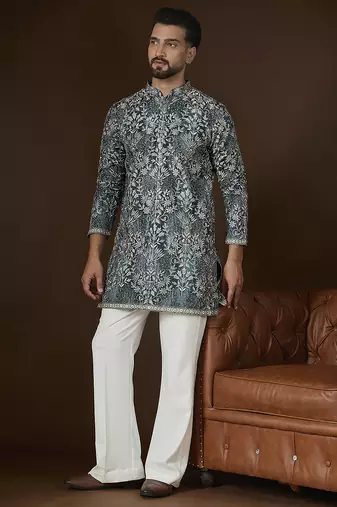 Men’s blue silk blend abstract embroidered kurta with trouser set | trendy designer ethnic wear for wedding, festive