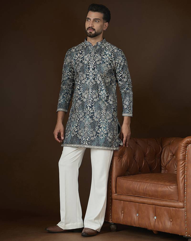 Men’s blue silk blend abstract embroidered kurta with trouser set | trendy designer ethnic wear for wedding, festive