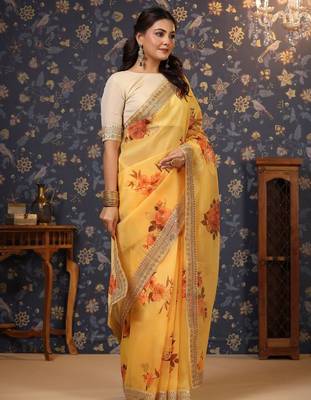 Yellow floral printed sequinned organza saree 3