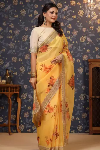 Yellow floral printed sequinned organza saree