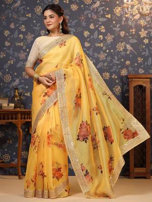 Yellow floral printed sequinned organza saree 4