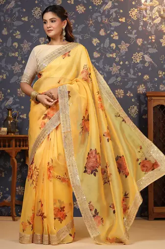 Yellow floral printed sequinned organza saree
