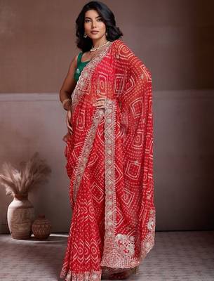 Red bandhani printed saree with unstitched blouse 1