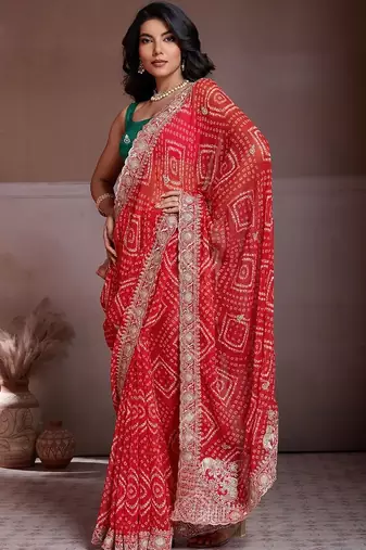Red bandhani printed saree with unstitched blouse