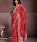 Red bandhani printed saree with unstitched blouse