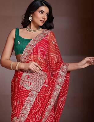 Red bandhani printed saree with unstitched blouse 2