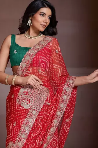 Red bandhani printed saree with unstitched blouse